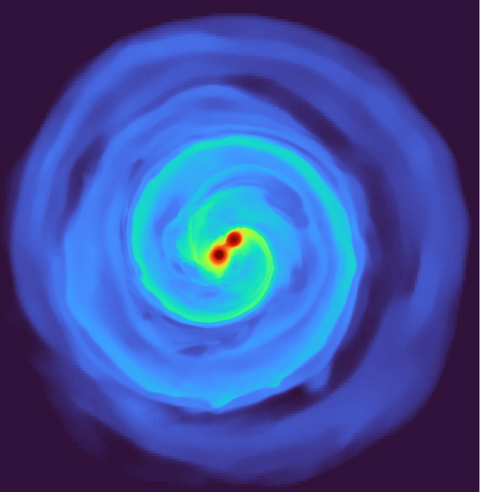 The graphic is a snapshot of an Octo-Tiger simulation of the merger of two white dwarf stars. It shows what it looks like after the two stars have merged into one star.  