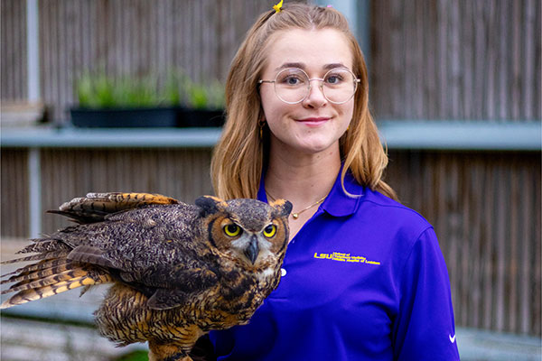 Charlotte Lea with great horned owl